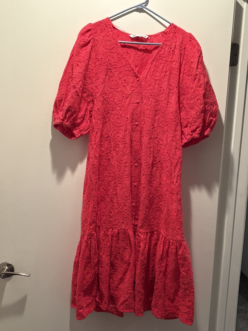 Zara Red Eyelet Midi Dress with Puff Sleeves
